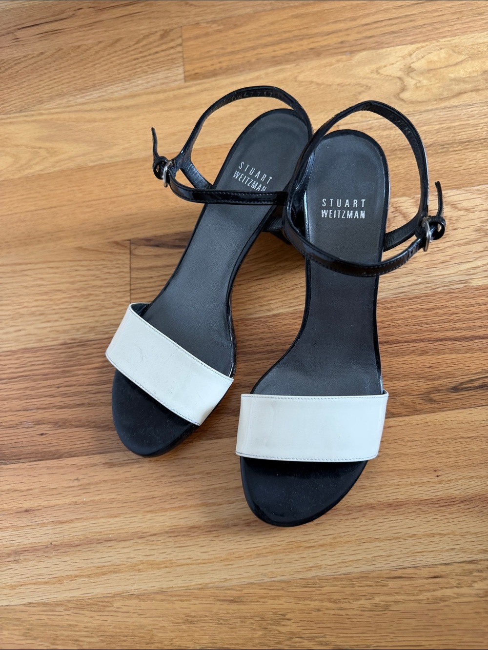 Stuart Weitzman Black and White Two-Tone Ankle-Strap Sandals